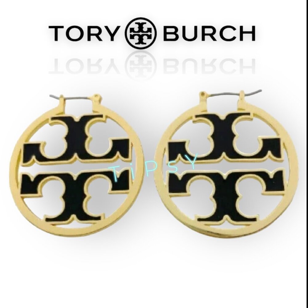 Beautiful Tory Burch Black and Gold Miller Hoop Earrings - Picture 1 of 7